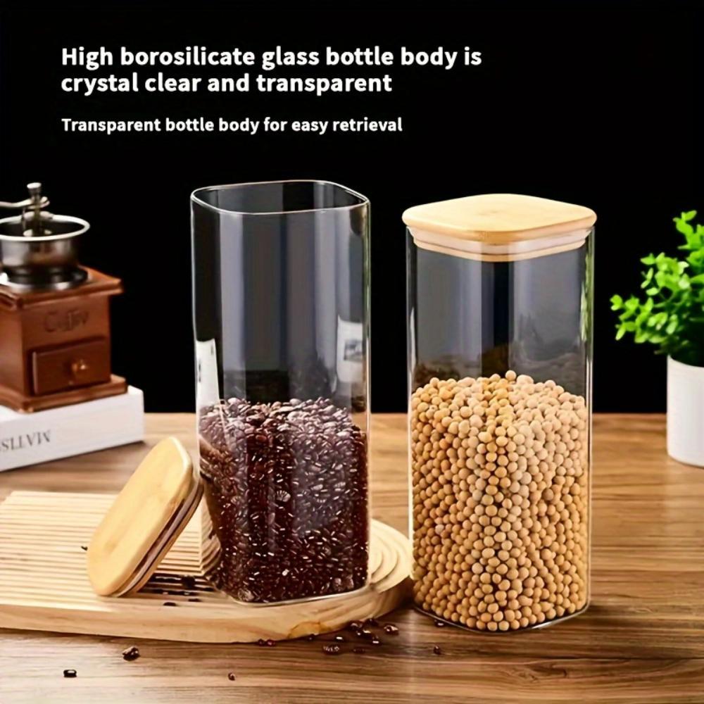 Square Glass Sealed Jars Set, Kitchen Organizer with Bamboo Lids, Multi-Capacity Storage Containers, Food Storage Jar, Coffee Spice Candy Pasta Decor