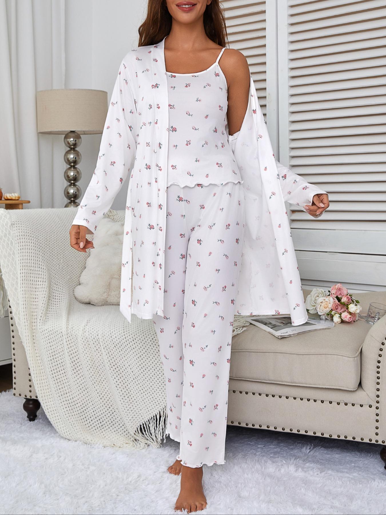 Women's Floral Print Robe Set with Spaghetti Strap Pants, Comfortable Casual Home Wear, All-Season Fitted Sleepwear Collection, Loungewear