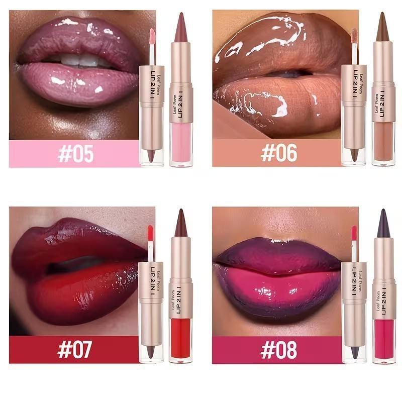 2-in-1 Dual-Ended Lip Gloss & Lipstick - Matte lip liner to outline lips, mirror-like glossy lip gloss, long-lasting color that doesn't smudge on cups, berry tones, anti-slip bullet design, 8 colors available, Cosmetic, Lip Product