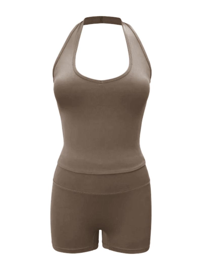 Sexy U-Neck Backless Halter Top Shorts Set, Elastic Comfortable Casual Wear, Perfect for Gym Yoga Running Daily