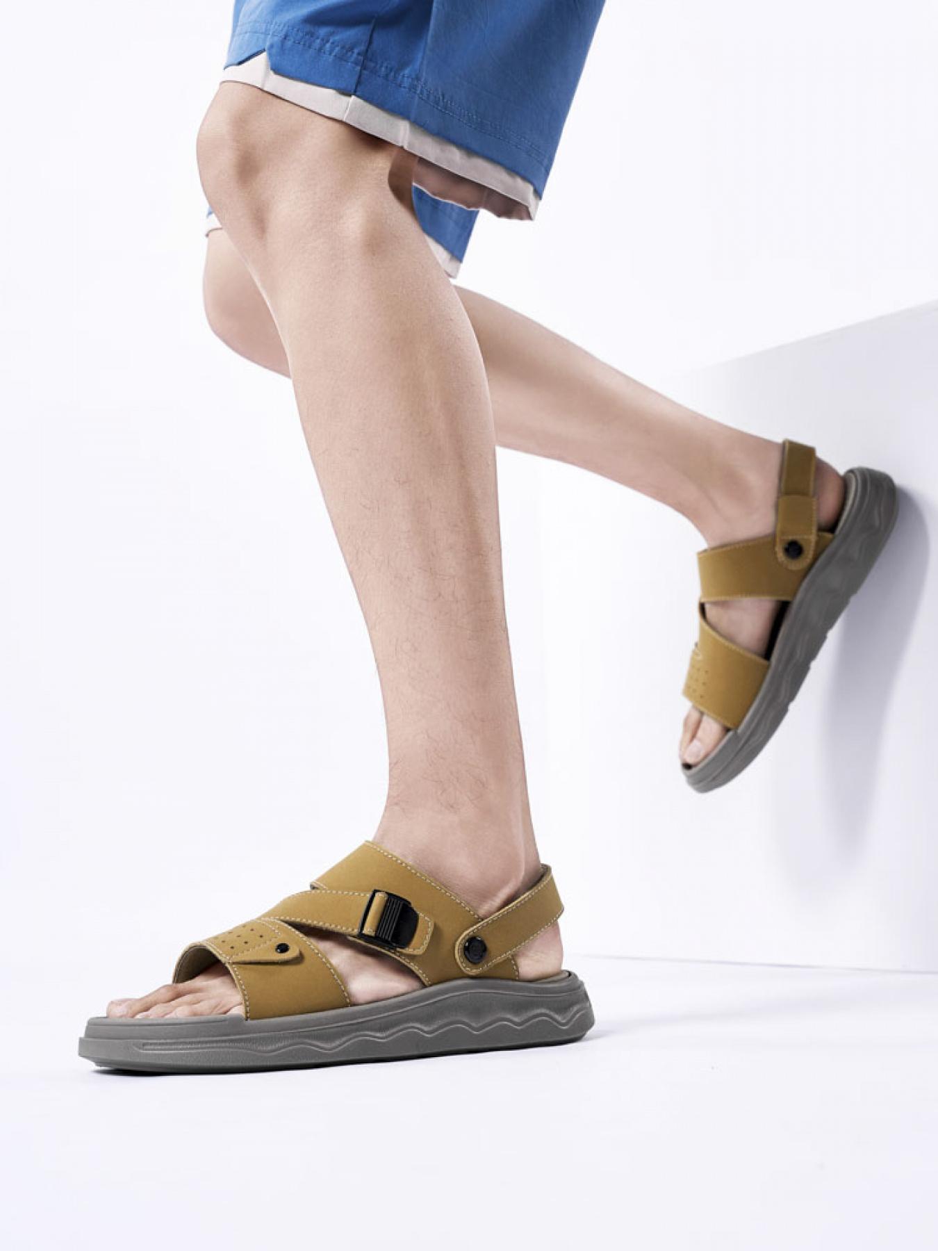 Men's Solid Color Dual-Wear Velcro Sandals Thick-Soled Breathable Beach Shoes Non-Slip Wear-Resistant Outdoor Water-Slippers