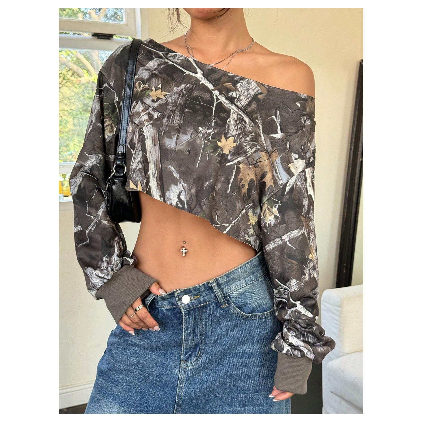 Spring Camo Sweatshirt Off the Shoulder Long Sleeve Asymmetrical Neck Y2k Pullover Crop Tops Streetwear