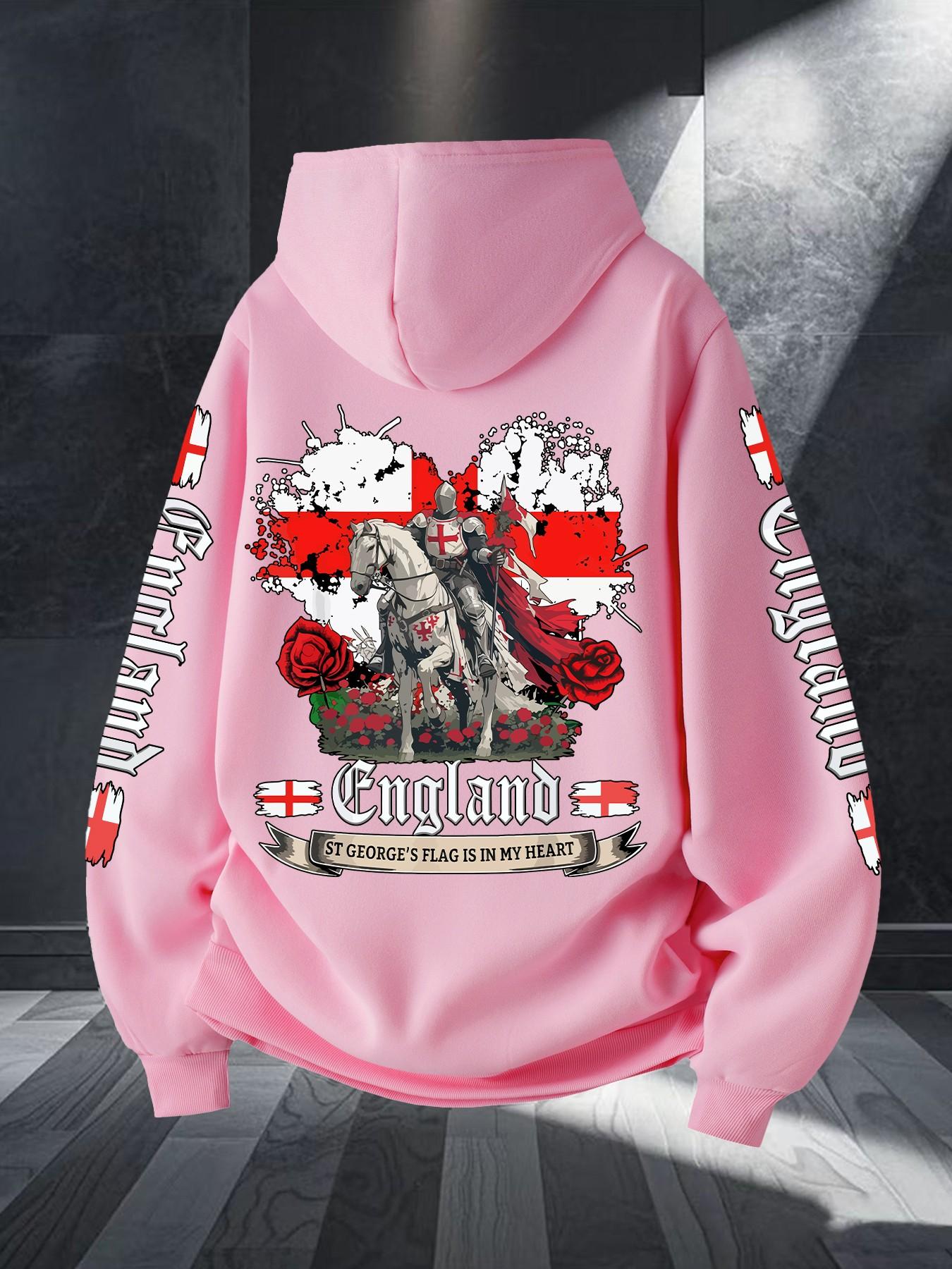 Middle Ages Long Spear Knight England Flag Print Hoodie, Unisex Casual Long Sleeve, Kangaroo Pocket, Fall & Winter Streetwear