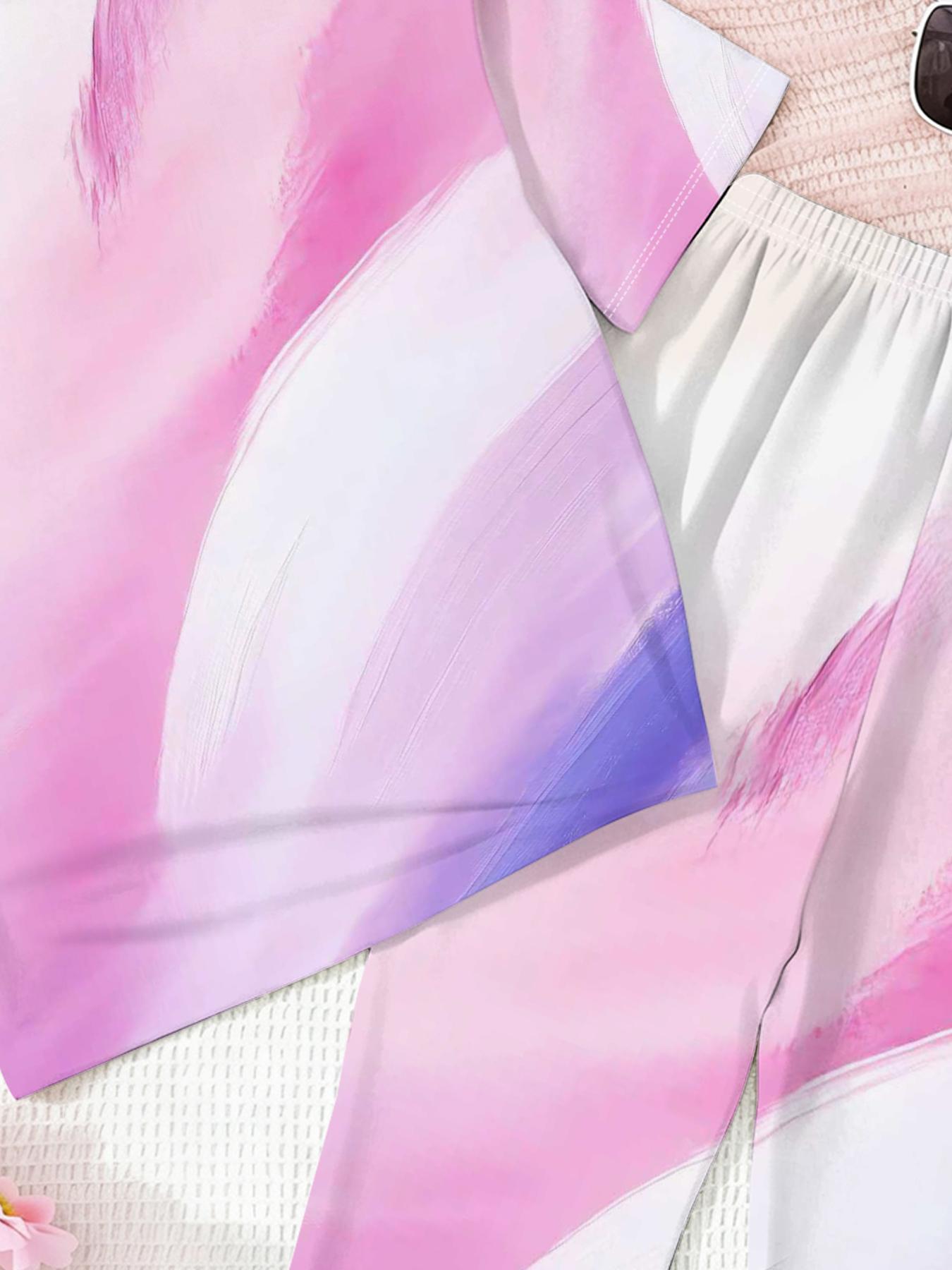 Girls' Gradient Tie-Dye Set, Anime Character Printed Short Sleeve Top & Bell-Bottom Pants Two-Piece, Casual All Seasons Wear