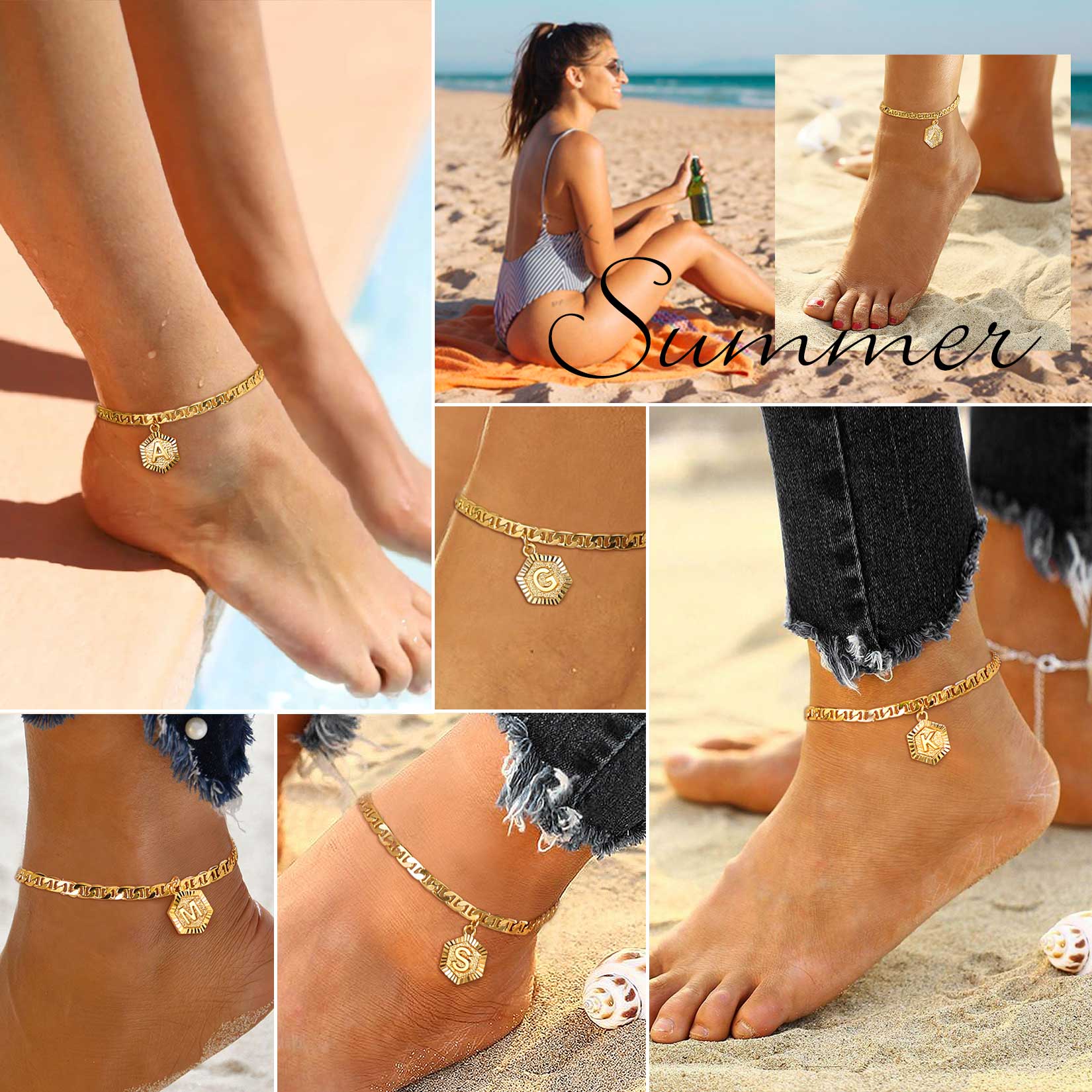 FindChic Initial Name Engraved Customization Anklet Golden Mariner Chain Snake Chain 26 Letters Anklet Stack Set Mother's Day Gift for Mom Summer Beach Anklet Bracelet Jewelry Set for Women Girls