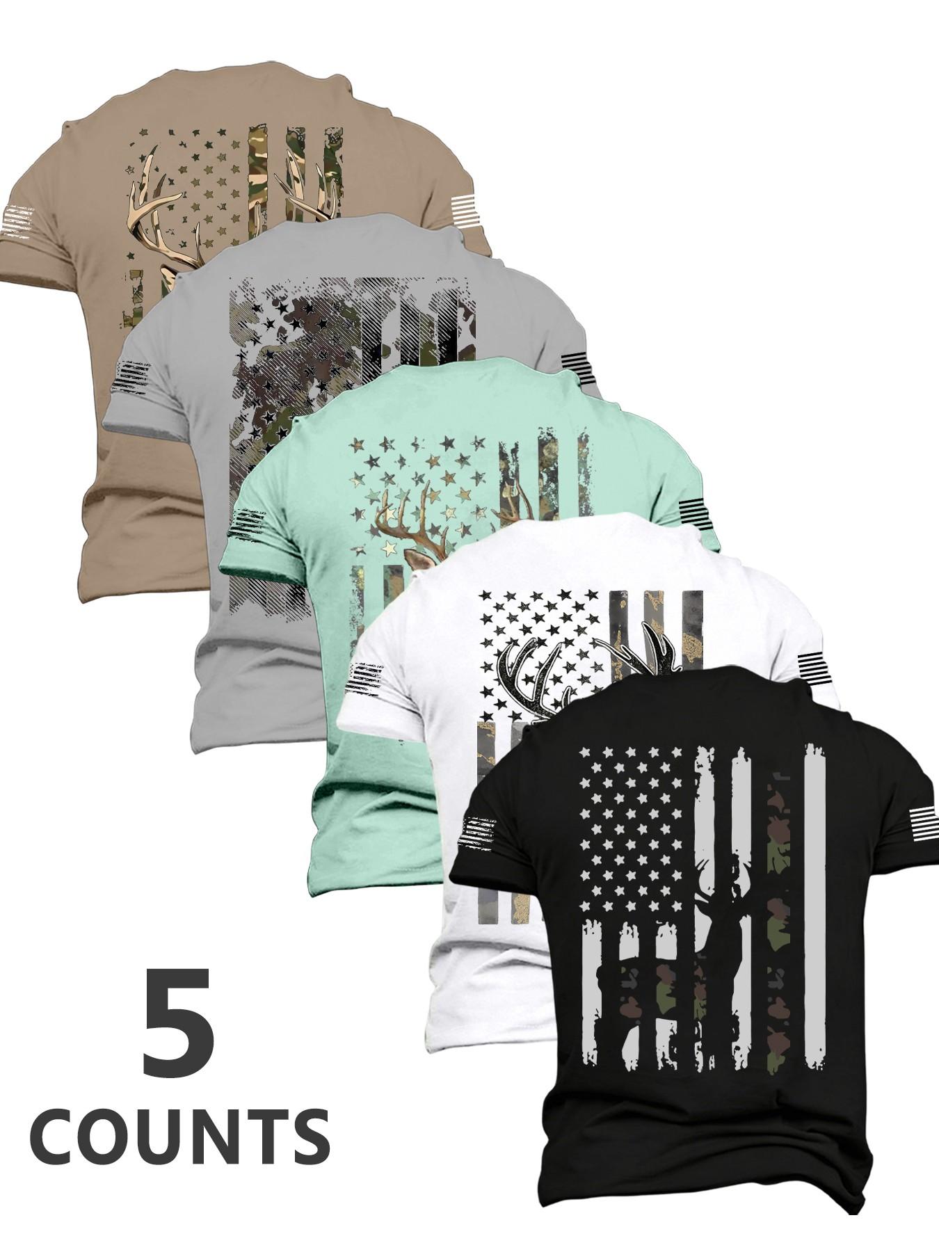 New Summer Men's Patriotic Style Deer & Flag Print T-Shirt Set Soft Breathable Short Sleeve Tees, Multiple Colors, Ideal Gift, Trendy Summer Tee