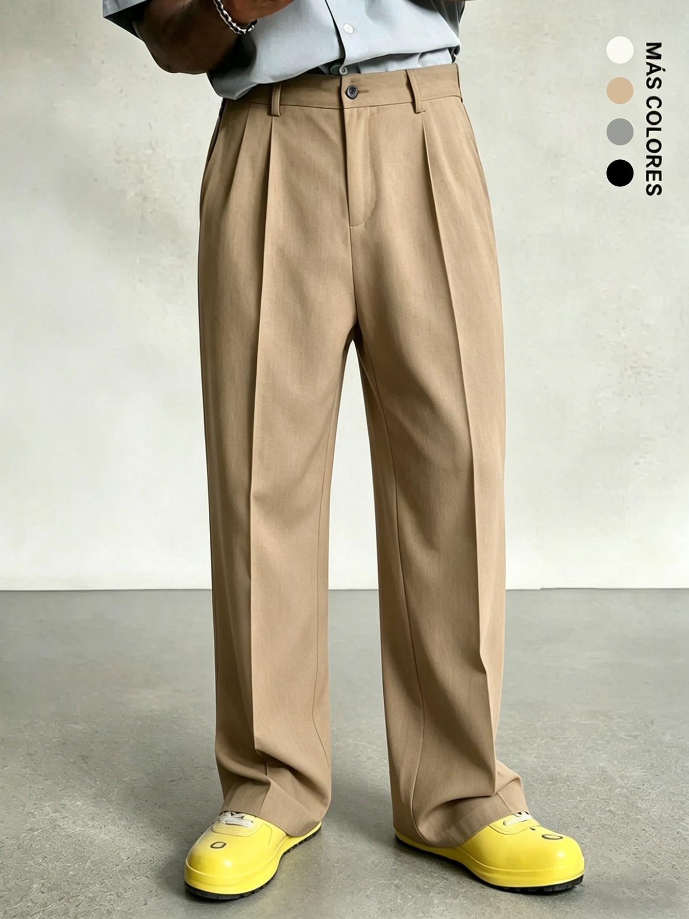 Men's Pleated Wide Leg Suit Pants, Formal Wear, Casual Loose Fit, Business & Street Style, Mid Waist, Drawstring Waist, Adjustable Pants, All Seasons