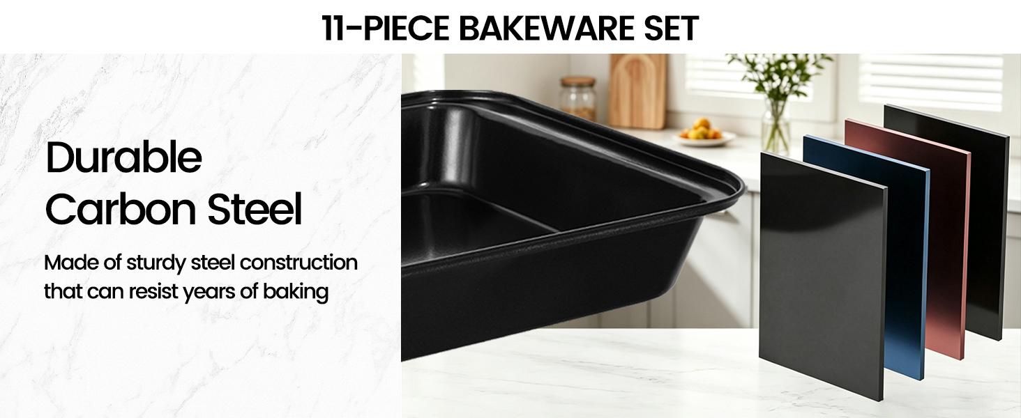 11-Piece Nonstick Baking Pans Set - Professional Grade Carbon Steel Bakeware with Premium Coating- Dishwasher Safe, Stackable, Oven Safe to 450 ° F (Black)