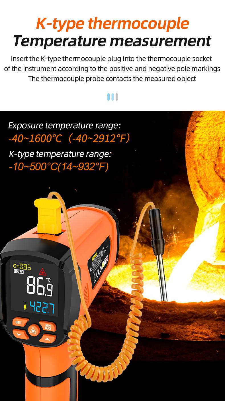 Mestek Infrared Thermometer -40°F ~2912°F,-40~1600℃ High Temperature Meter 50:1 Industrial Dual Laser Digital Thermometer with Temperature Probe