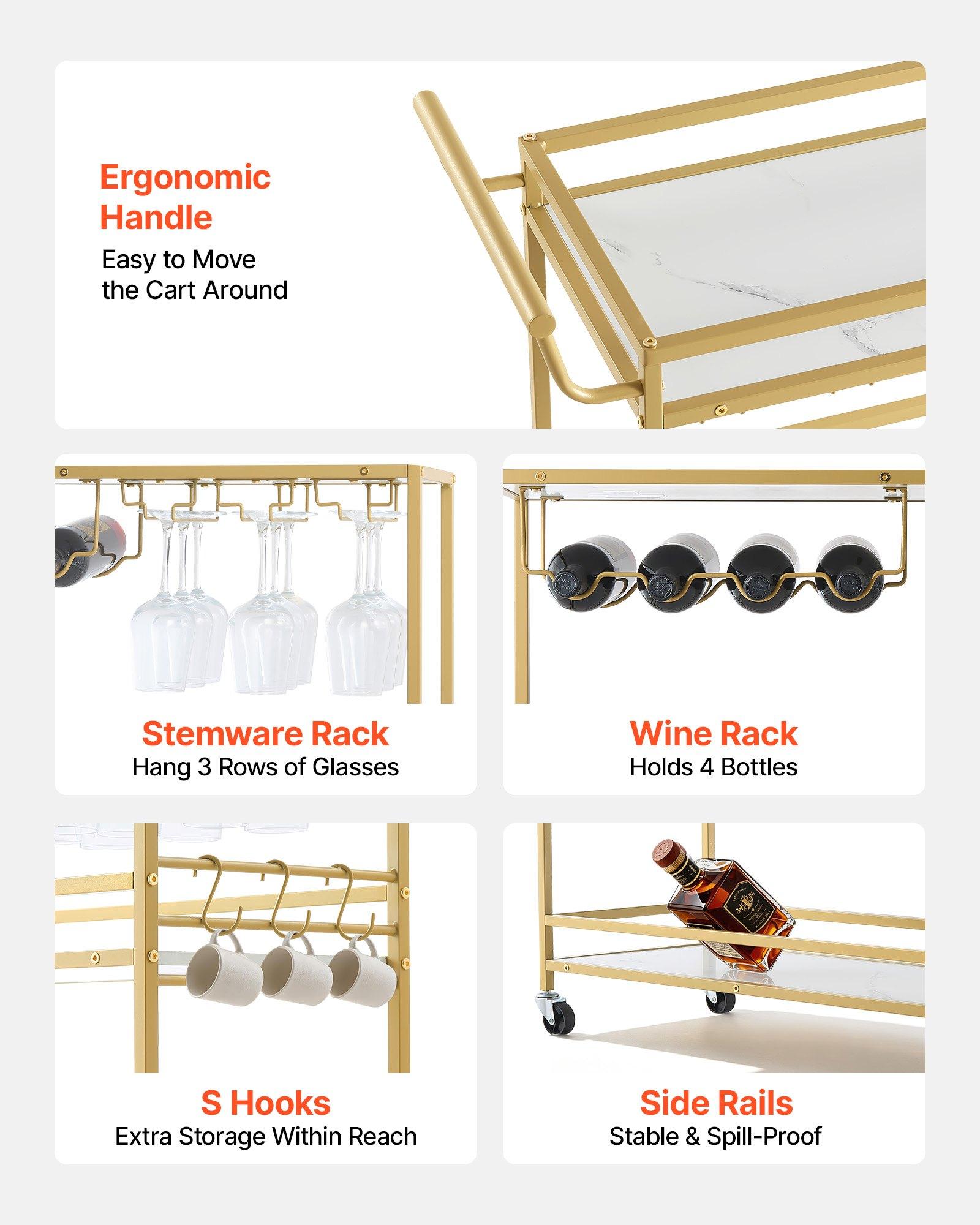 VEVOR Bar Cart Organiser, 3-Tier Modern Rolling Utility Station with Locking Wheels, Engineered Wood Shelf, Wine Rack, Glass Holder, for Bar Service & Outdoor Events, 35.83x12.99x36.81in Gold