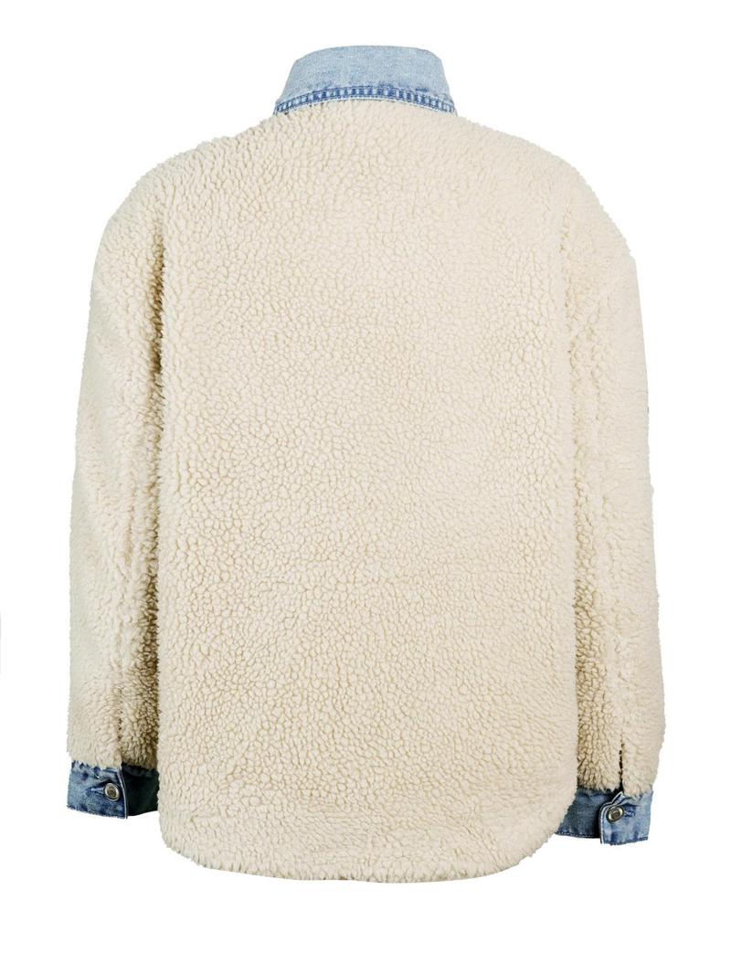 Women's Long Sleeve Loose-Fitting Casual Jacket, Teddy Velvet Patchwork Design, Perfect for Daily Wear & Stylish