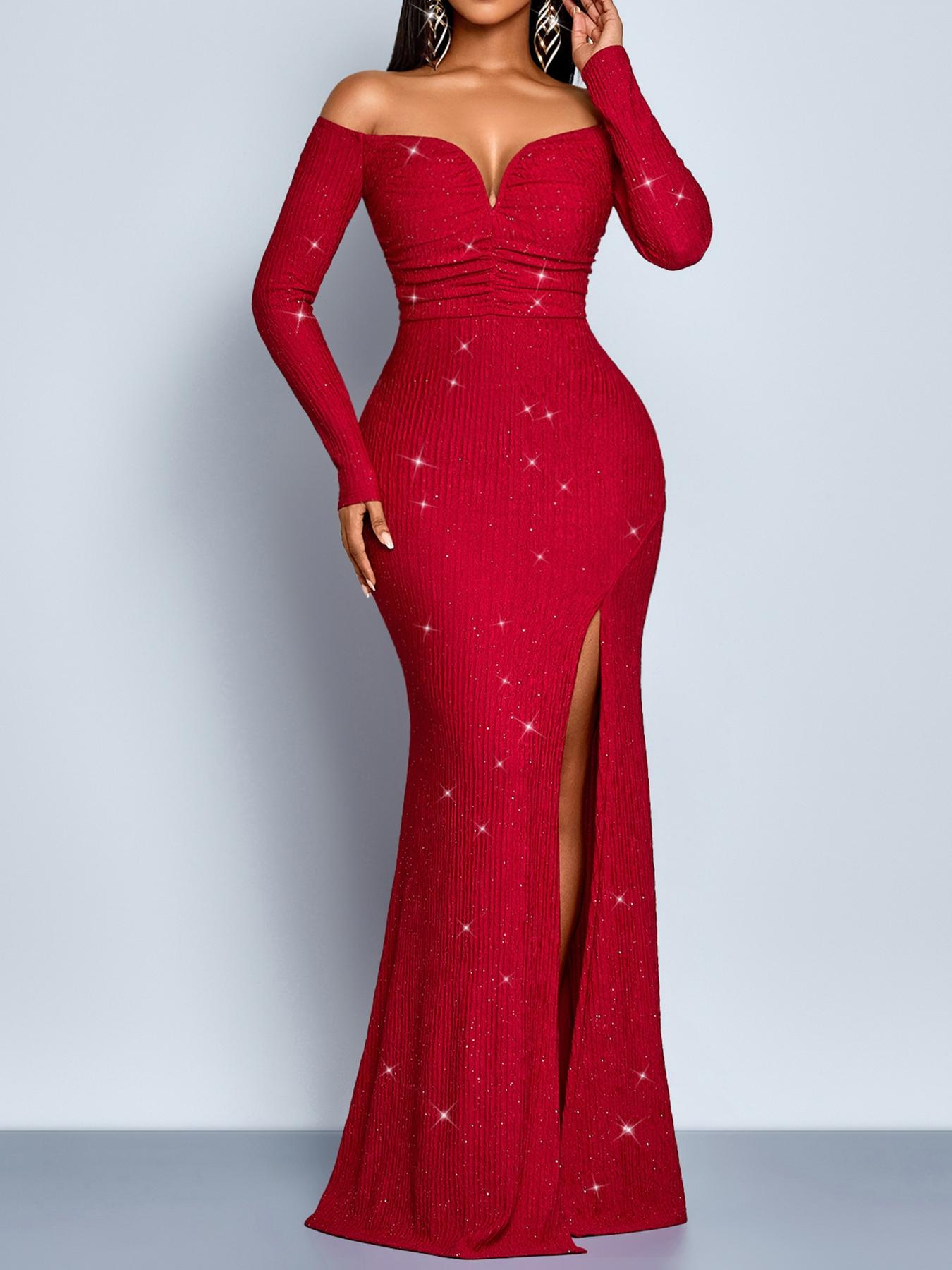 Aliling Christmas Dresses Women's Elegant Long Sleeve Ruffle Dress, Shoulder-Exposed Plain Design, Slim Fit Fall & Winter Fashion, Super Long A-Line Style