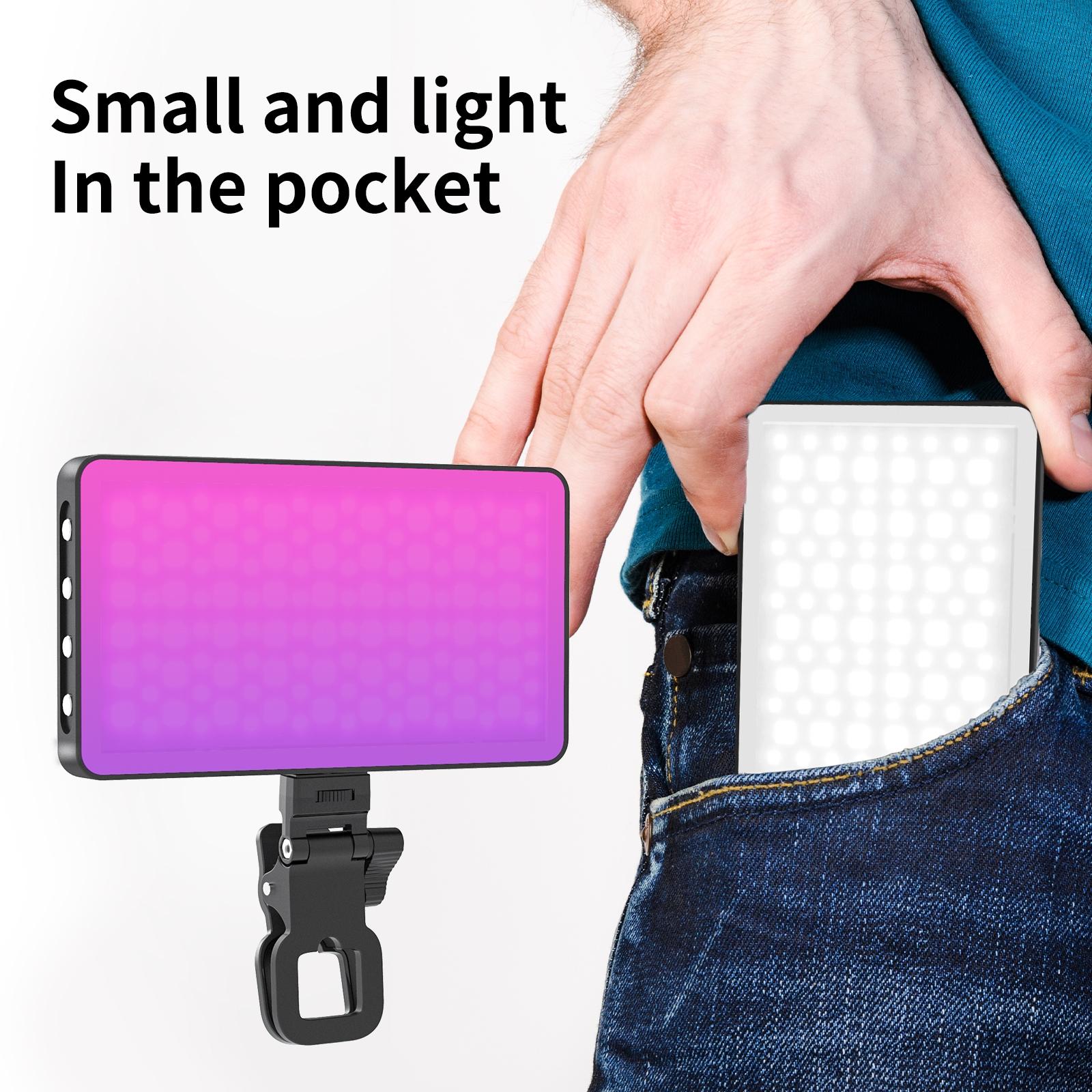 Metallic LED Selfie Light, Portable RGB Video Light, Camera Fill Light, Rechargeable Dimmable Clip-On Panel Lamp for iPhone and Smartphones, Selfie Accessory