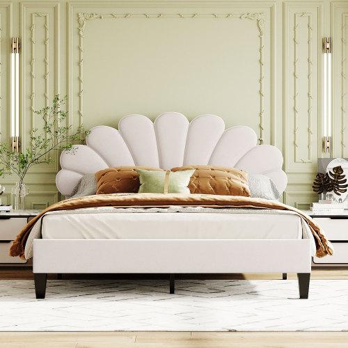 【Bellemave】Full/ Queen Size Upholstered Platform Bed with Flower Pattern Velvet Headboard 【Bellemave】Full/ Queen Size Upholstered Platform Bed with Flower Pattern Velvet Headboard