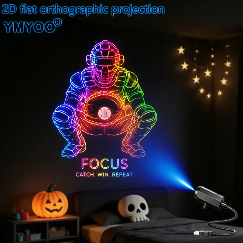 2D flat-1pc LED portable USB projector,360 ° Adjustable rotating decoration, neon baseball catcher-themed projection, suitable for parties, bedrooms, and living rooms; a great gift for sports enthusiasts and baseball fans; a Christmas or Father's Day gift
