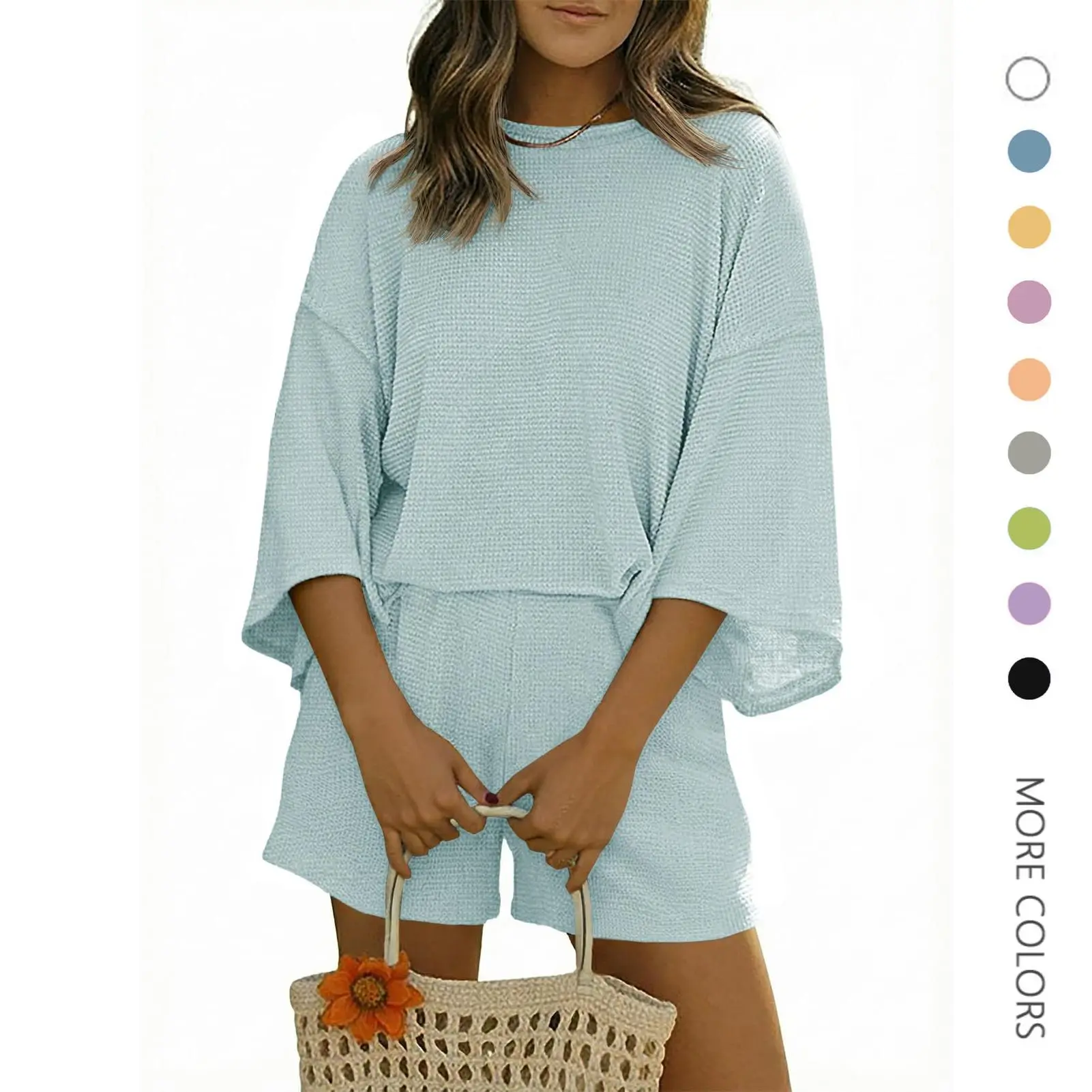 Women's 2-Piece Loose Nightwear Set, Soft Waffle Knit Pajama in Solid Colors with 3/4 Sleeve Top and Shorts, Fabric, Drop Shoulder, Casual, 30% Viscose
