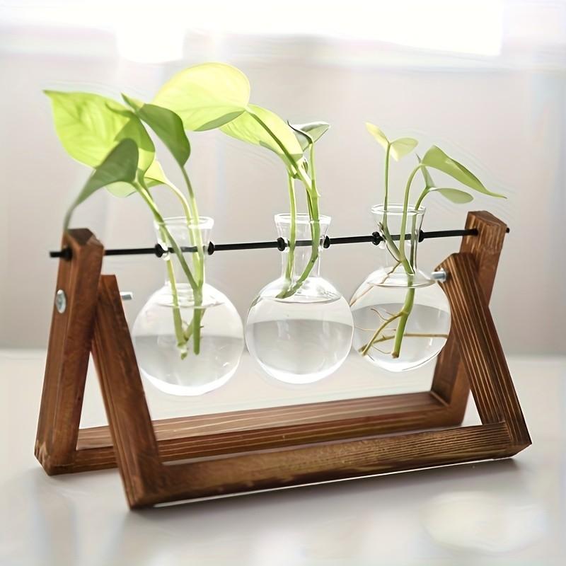 3 Pcs Vase Set, Solid Wood Frame with Glass Vases, Creative Wooden Rack for Spider Plants, Aquatic Plant Decor, Office Desk Decoration, Gift for Friends