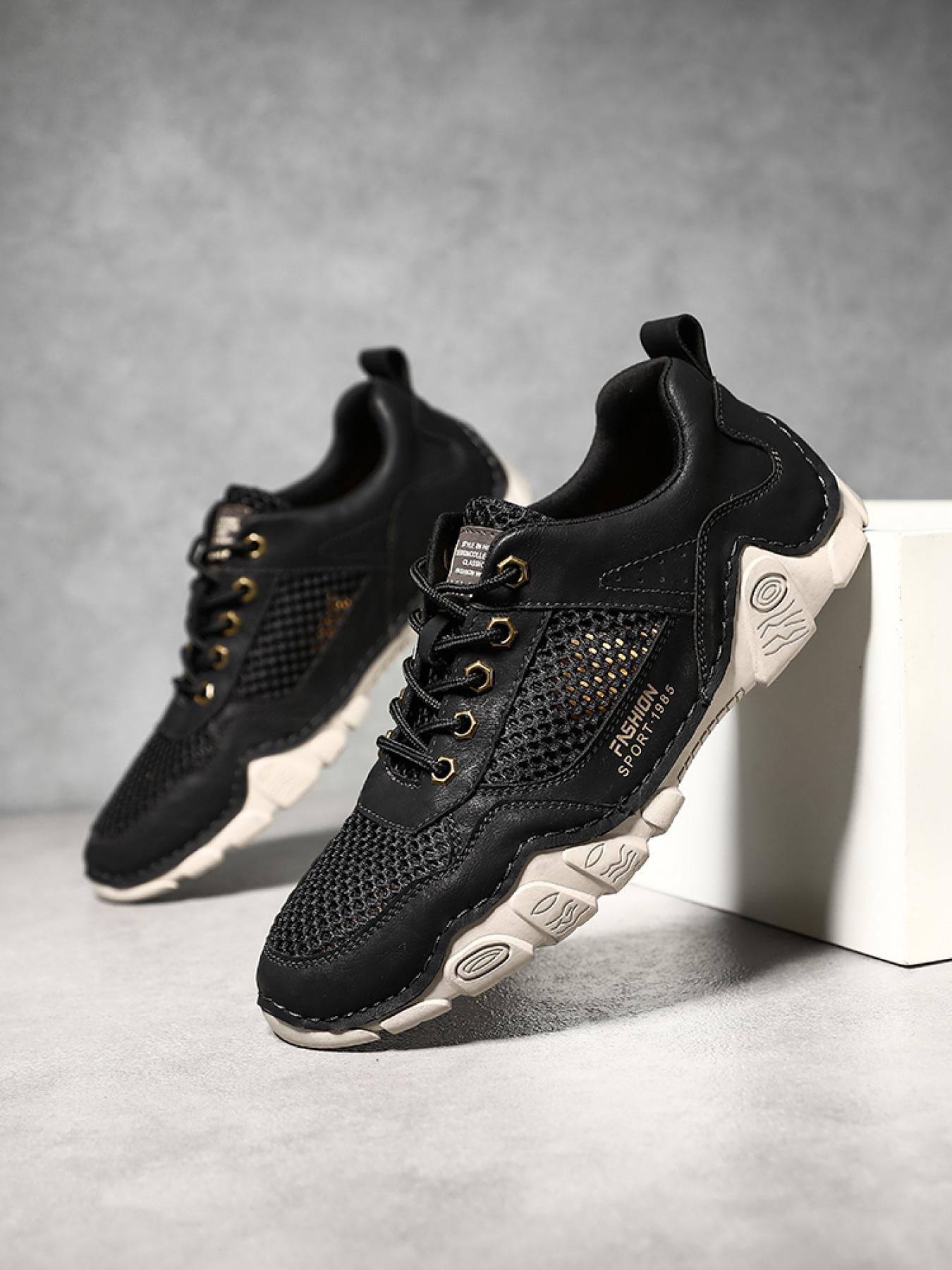 Men's Solid Color Mesh Patchwork Casual Sneakers, Hand-Stitched Thick-Soled Non-Slip Hiking Shoes, Trendy Versatile Breathable Dad Shoes