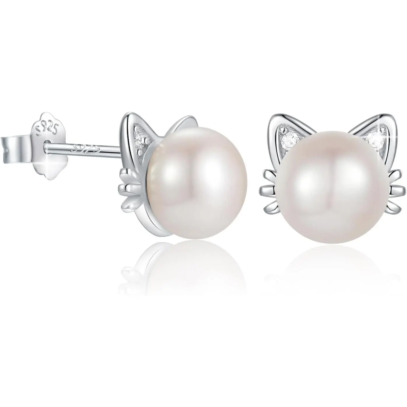 925 Sterling Silver Freshwater Pearl Cat Stud Earrings for Women, Cat CZ Studs Hypoallergenic Jewelry Gift(Gift)