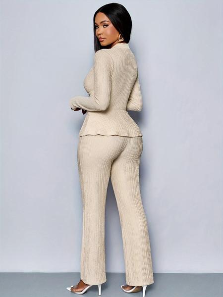 Women's Apricot Color Elegant V Neck Long Sleeve T-Shirt And Wide Leg Pants Two Piece Set, Asymmetrical Hem Two-Piece Outfits, Casual Daily Wear