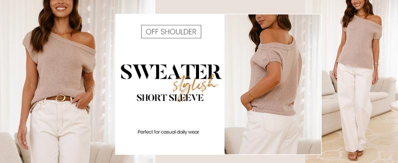 UANEO Womens Off Shoulder Sweater Y2K Short Sleeve Ribbed Knit Pullover Date Night Top Blouse