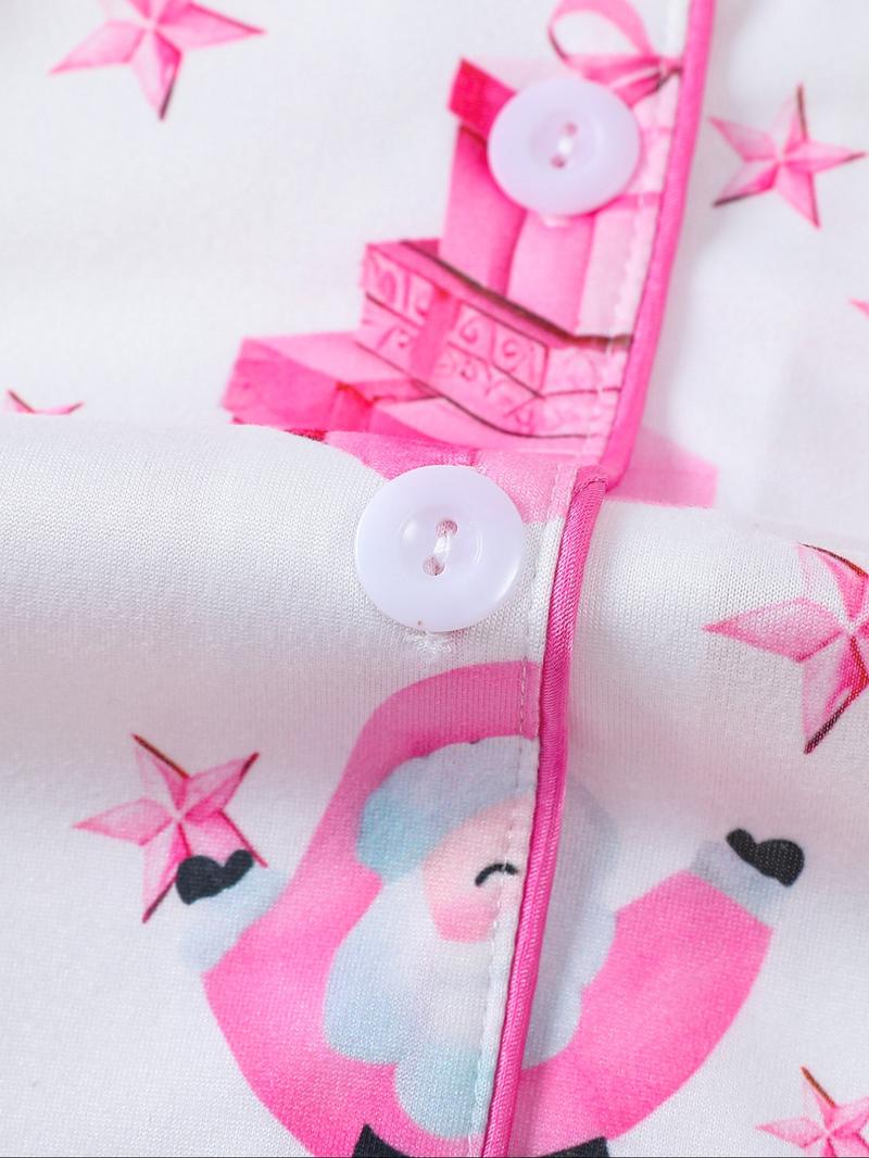 Christmas Limited Edition Pink Santa Claus Pattern Children's Skin-Friendly Sleepwear Two-Piece Set, Flameardant Fabric Comfortable Autumn and Winter Thin Collar Shirt Long Sleeve Pants Set, Sweet Pink Print with Christmas Santa Cl, Pajamas Christmas