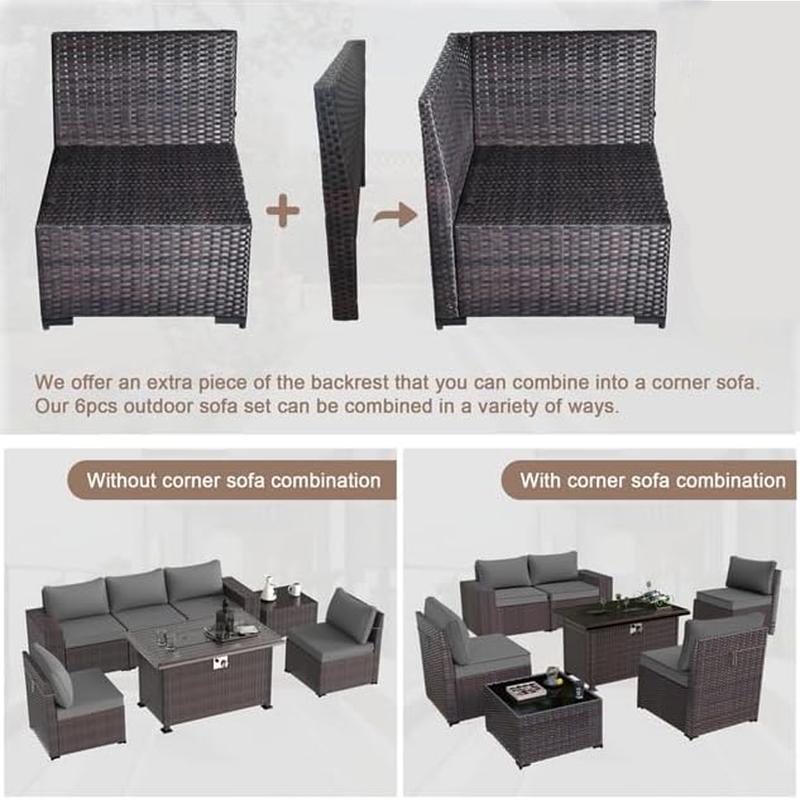 Patio Furniture 6 Pieces Set with Propane Fire Pit Table Outdoor Patio Furniture Outdoor Sectional Sofa 43" Gas Fire with transparent glass cover Pit Patio Conversation Set with Cushions