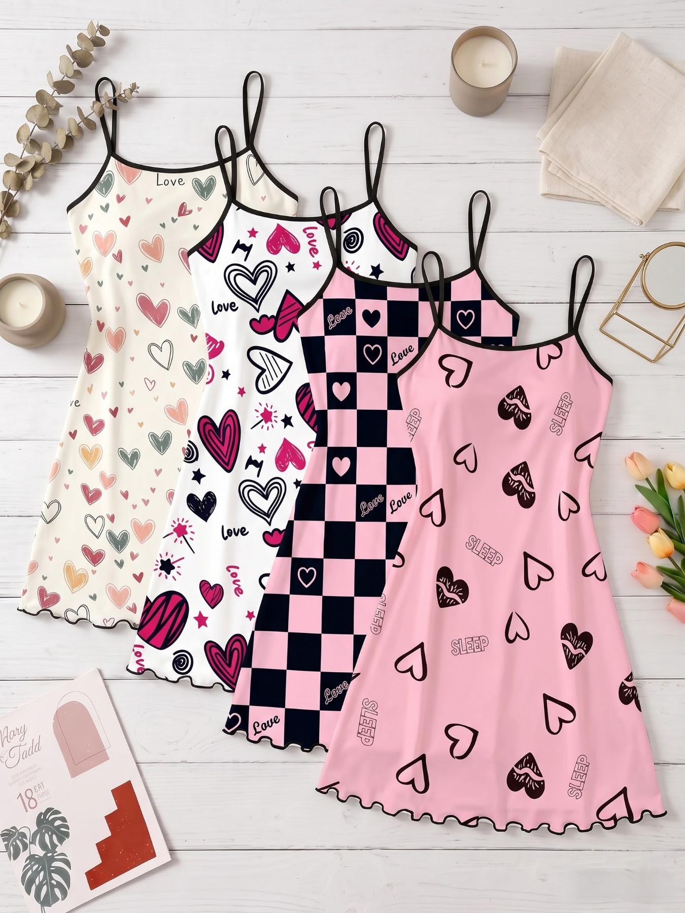 4-Pack Women's Spaghetti Strap Nightdresses, Bear & Bow All-Over Print Nightwear, Cute Loungewear for Spring & Summer