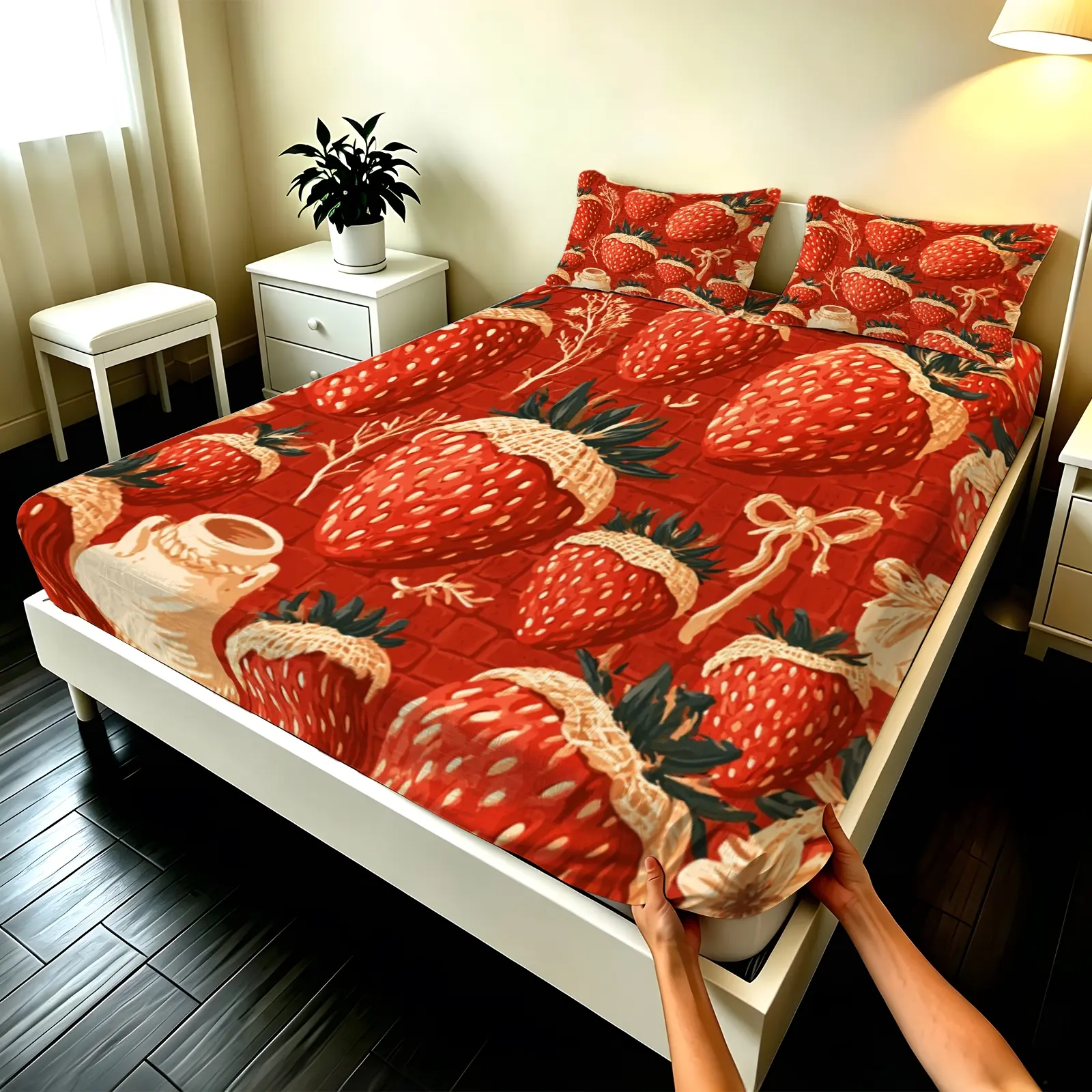 3pcs Fitted sheet Strawberry Pattern Bedding Set, Ultra Soft Microfiber Fitted Bed Sheets, Wrinkle Resistant Fade Proof Breathable Comfortable Bedding for Bedroom Home, Fit Twin Full Queen King Size