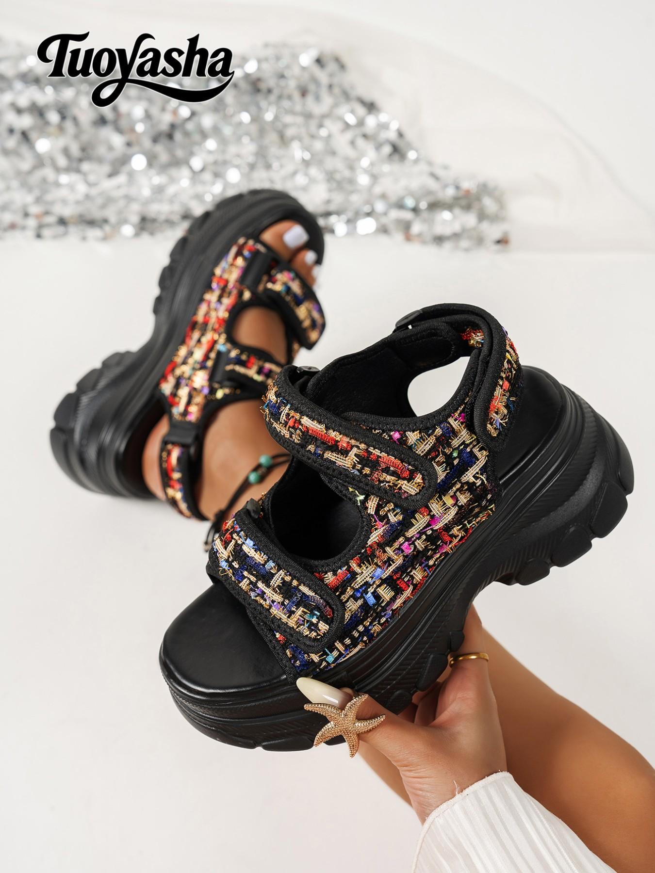 Vintage Artistic Colorful Thick Sole Sandals, Mixed Yarn Chunky Flower Design, Artisanal Style, Comfortable Summer Footwear