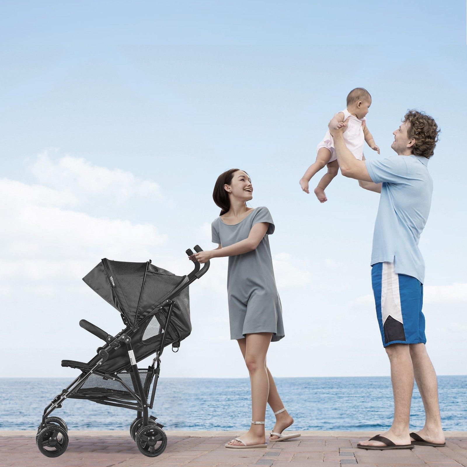 fathersdaygift VEVOR Lightweight Stroller, Compact Easy Fold MultiPosition Recline Canopy Backrest, Carbon Steel Frame, Large Storage Basket, Cup Holder, Umbrella Toddler Baby Stroller for Travel and More, Black