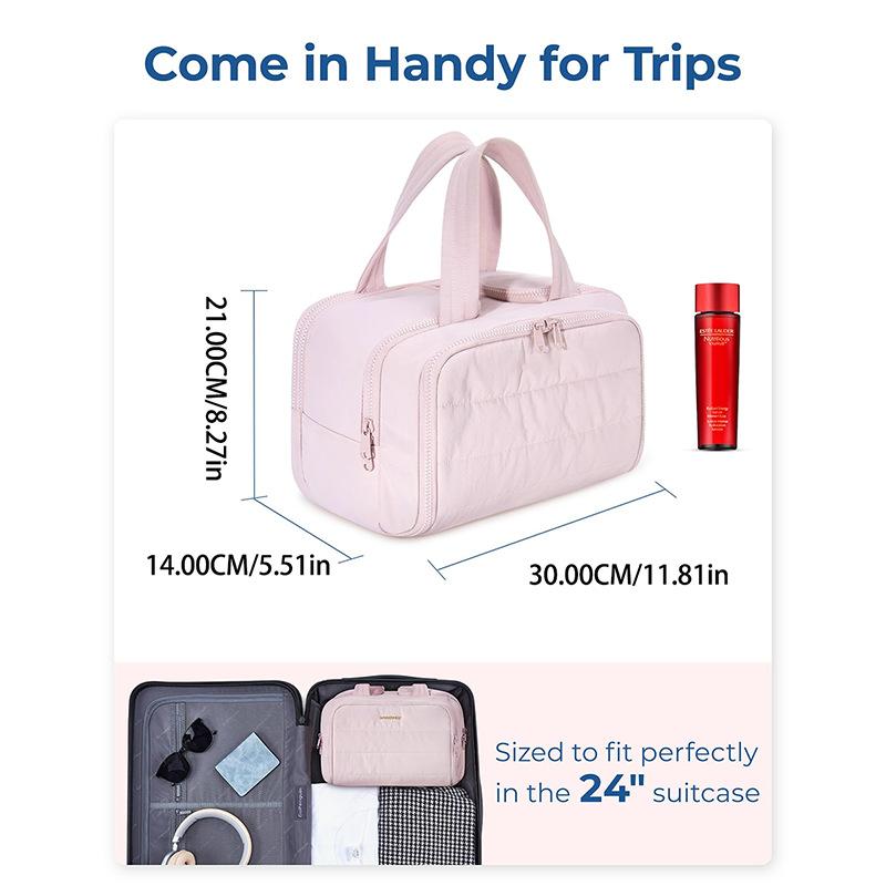 Women's Puffy Nylon Fabric Travel Toiletry Bag, Lightweight Large Makeup Organizer with Handle, Water-Resistant Wide-Open Dual Compartment Gym Storage Case for Holiday Overnight Use