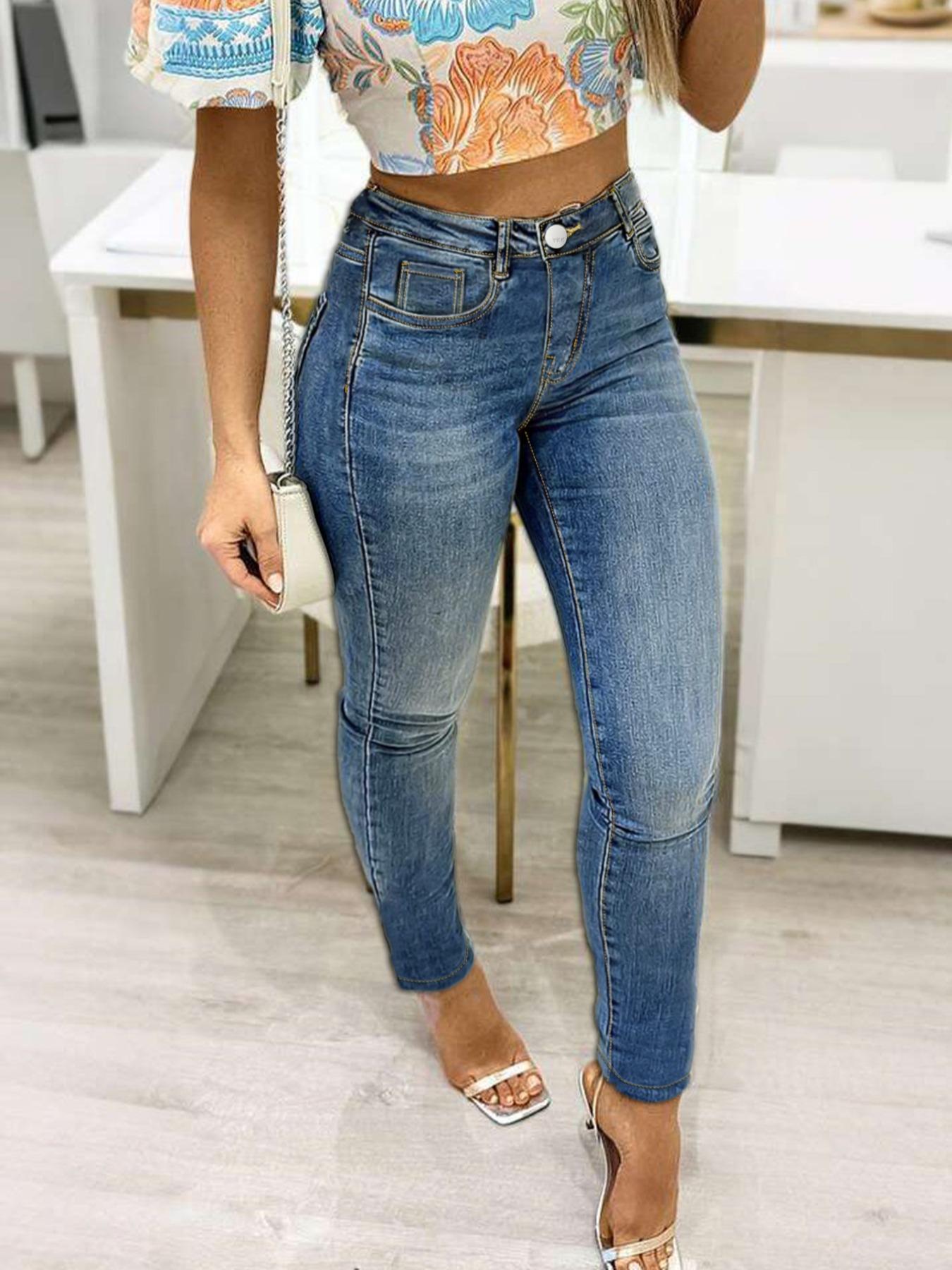 Women's Elastic Washed Slim Fit Skinny Jeans, Commuter Sexy Fashion, All Seasons Wear, Casual Plain Denim Jeans