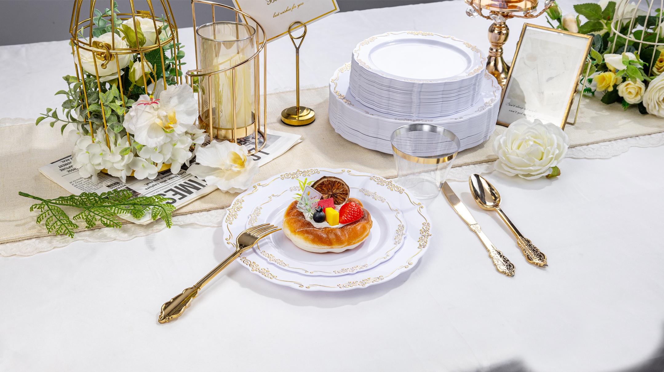 White Gold/Clear Gold/White Silver/Black Gold Plates ware Set: Dinner Plates,Dessert Plates, Cups,Napkins,Knife, forks, spoons-Perfect for Party