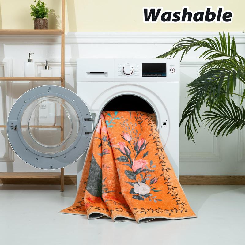 Floral Boho Imitation Cashmere Printed Area Rugs, Washable Machine, Non Slip Low Pile Vintage Large Carpet for Living Room, Bedroom, Farmhouse, Dining Room, Kids Playroom, Orange, Pink, Black, Green, Beige,2x3, 2x6, 4x6, 5x7, 6x9, 8x10, 9x12 Feet
