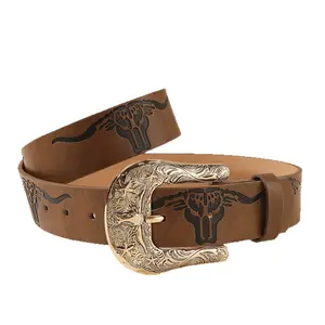 Women’s Western Cowboy Belt with Engraved Floral Pin Buckle & Bull Head Print