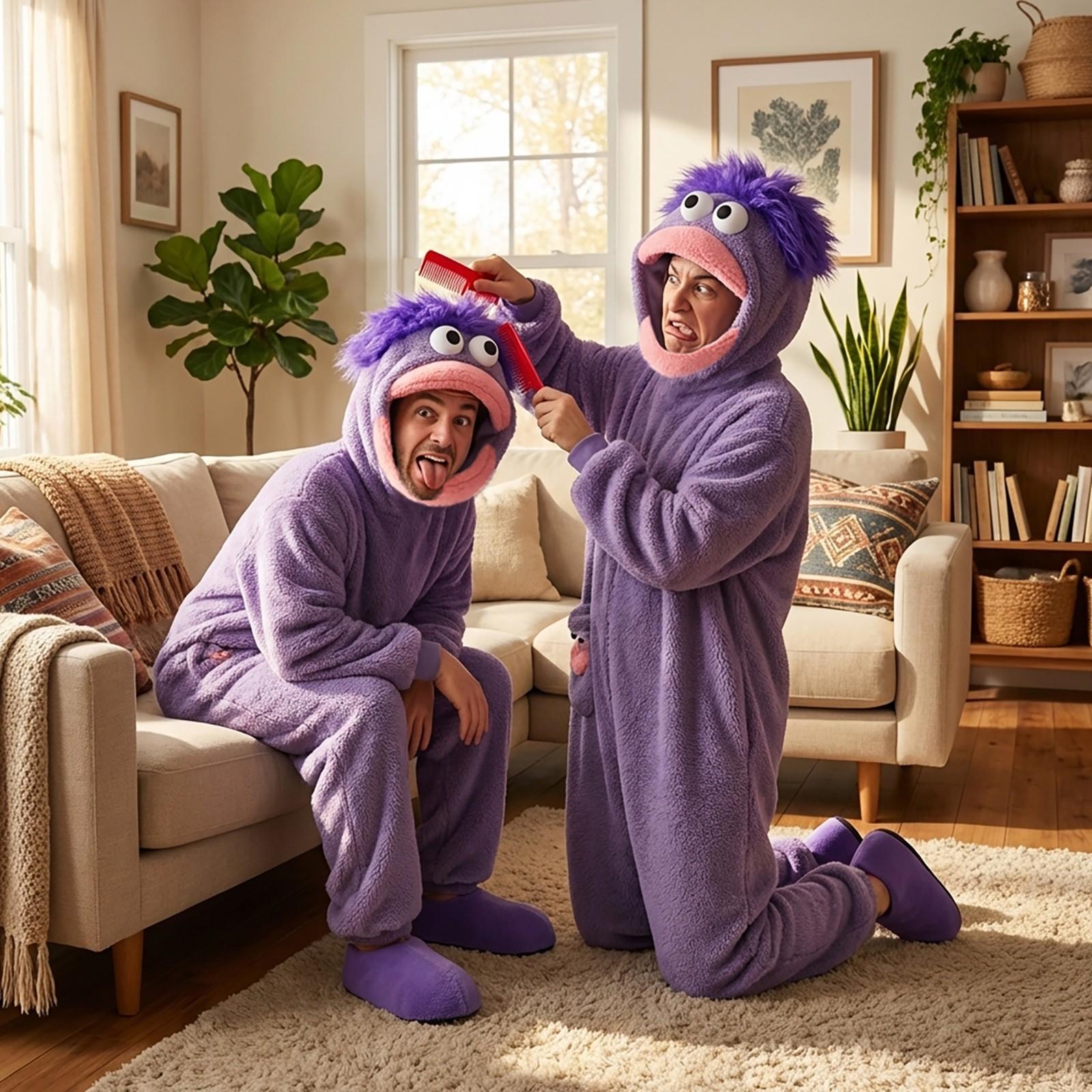 Cute Onesie Set, Soft Flannel Pajama with Hat, Funny Big Mouth Monster Design, 3-Piece Set for Home & Party Fun