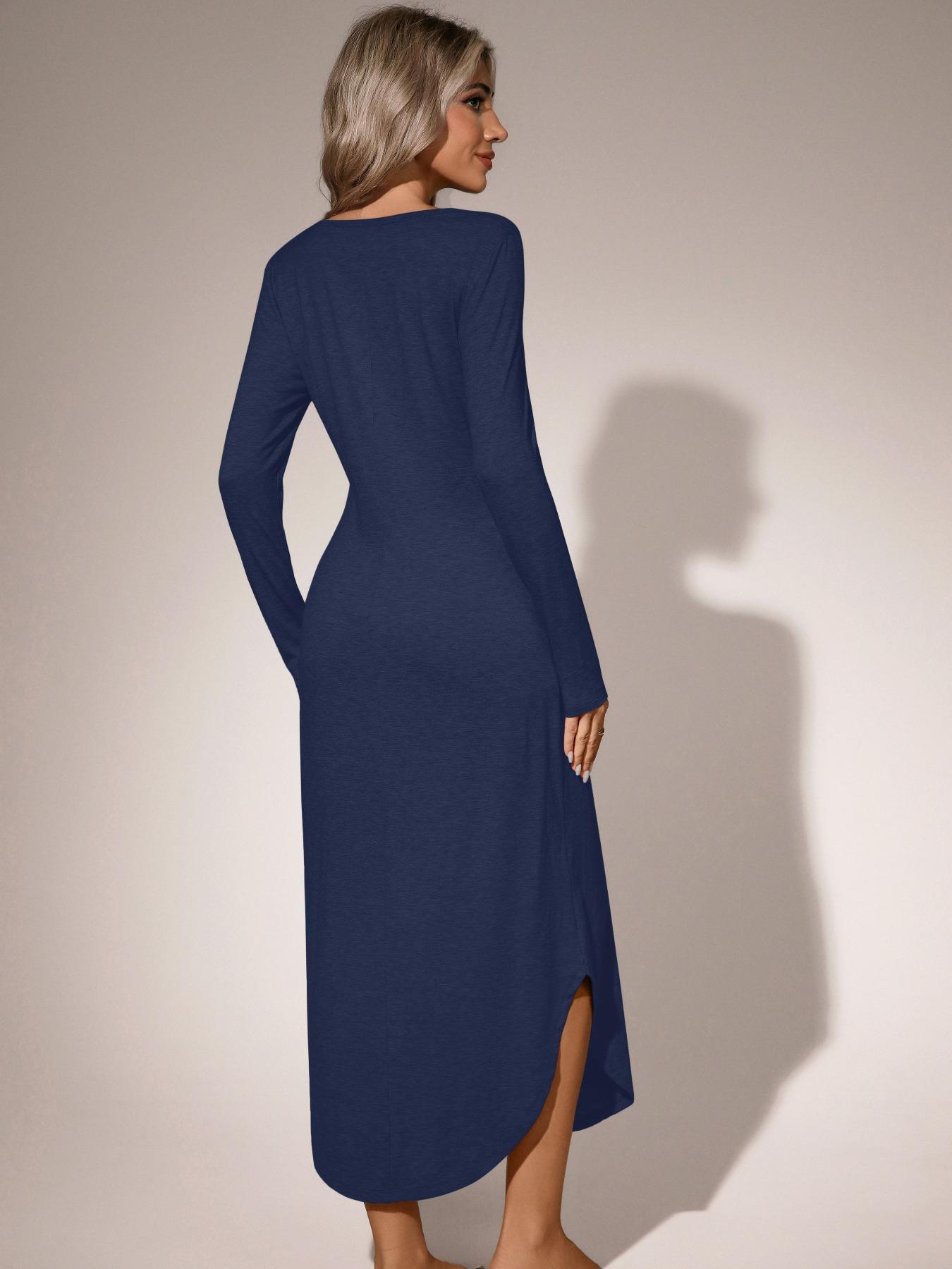 Women's V-Neck Long Sleeve Nightgown, Soft Casual Womenswear Loungewear Dress with Pockets, Heart Print Sleepwear, Loose-Fitting, All Seasons