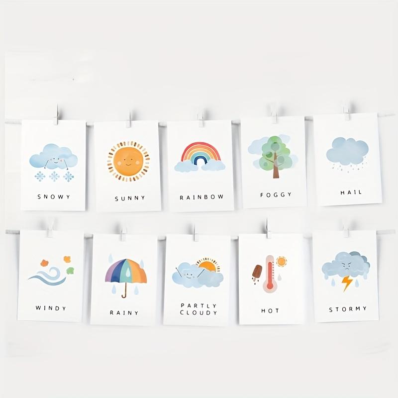 10 Cartoon Weather Recognition Cards, English Learning Tool for Kindergarten/family, Fun Weather Word Flashcards, Creative Early Education Gift