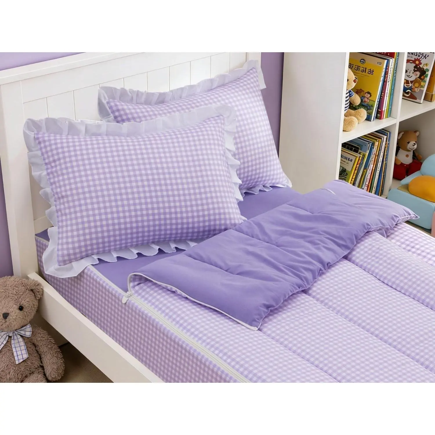 Zipper Bedding Set Twin Zip Up Bedding for Girls and Kids, Purple Checked Plaid 3 Pcs Comforter Bed in a Bag with Fitted Sheet and 2 Pillowcases (Purple, Twin)