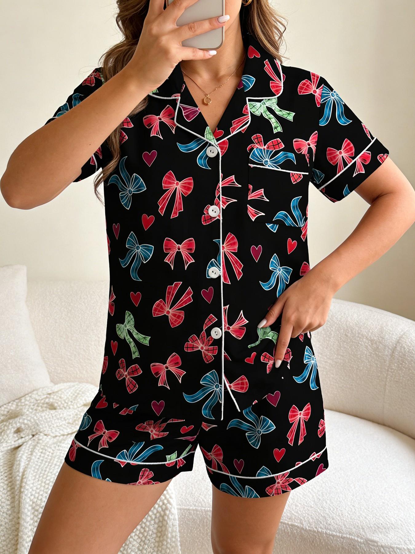Women's Short Sleeve Button Down Top and Shorts Pajama Set, Spring Summer Wear, For American Retro Sweet Cool Girls, Black Base Vintage Bow Heart Print, Classic Lapel Collar, Loose Straight Fit, Comfortable For Home & Outings