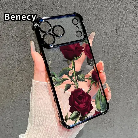 Electroplated Thorny Rose Pattern Phone Case - Four-Corner Anti-Fall Shockproof TPU Protector, Full Lens Raised Edge, Slim Transparent Grip Cover for iPhone 18/17/16/15/14/13/12/11 XR XS Pro Max Plus Air