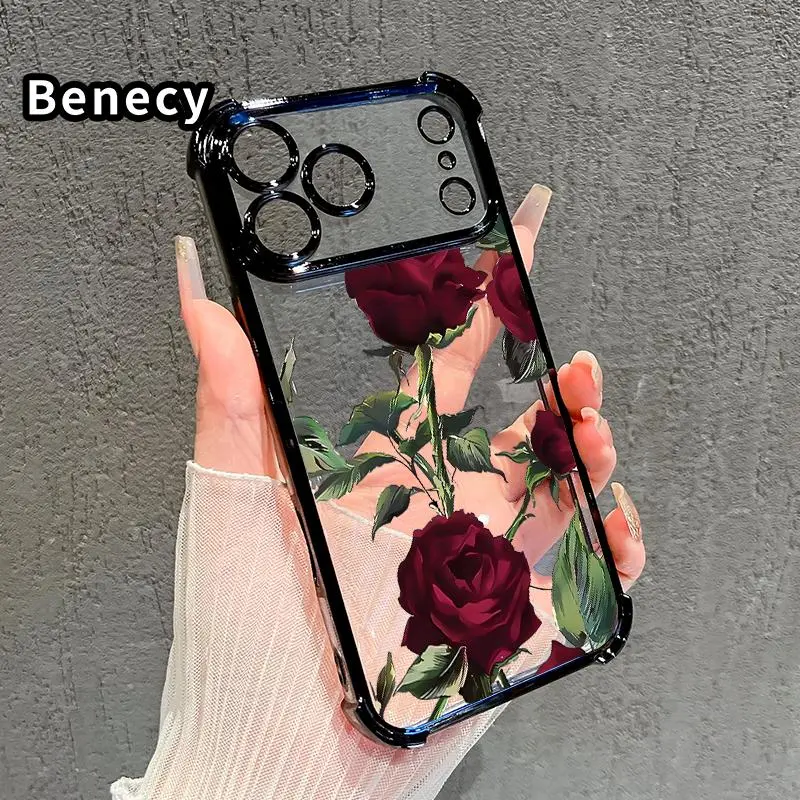Electroplated Four Corner Anti-Fall Thorny Rose Pattern Phone Case for iPhone 18 17 16 Pro Max 15 Plus 14 13 12 11 E Air Shockproof Transparent Protective Cover