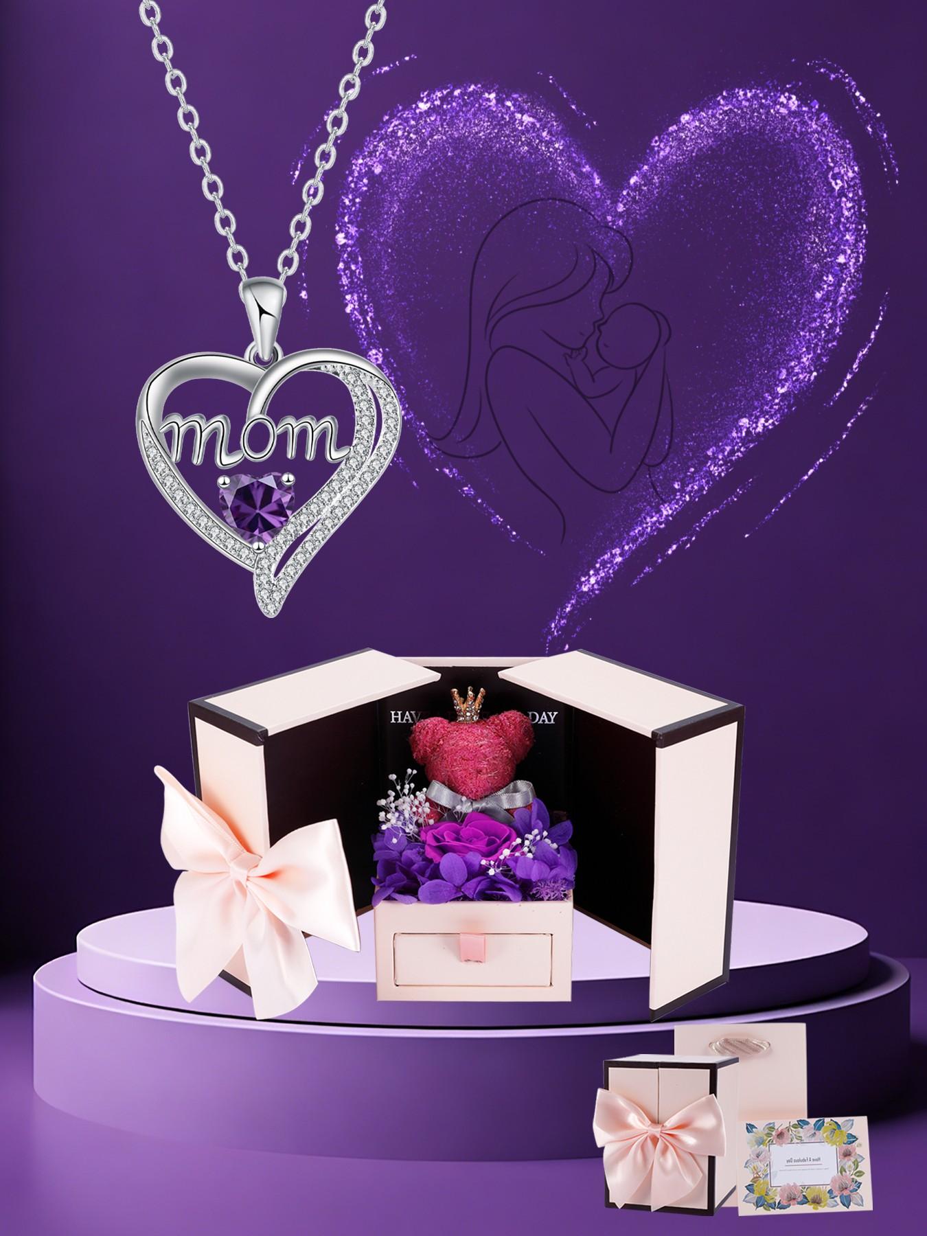 Apple Shape Rose Jewelry Gift Box With Love Heart Mom Pendant Necklace, Anniversary Birthday Jewelry First Mom Gifts for Women Wife, Mother's Day Jewelry Gift for Mom Heart Design Necklace