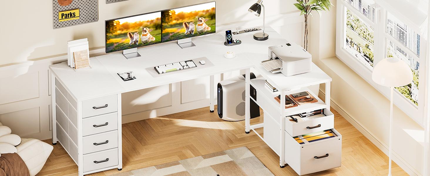 AODK Modern L-Shaped Corner Computer Desk - Large Workstation, Metal Frame, 6 Drawers, Reversible Storage Shelf, File Drawer, 1 Type-C Charging Port, Sturdy Legs, Easy WFH Setup for Home Office Commercial Furniture, L Shaped Workstation