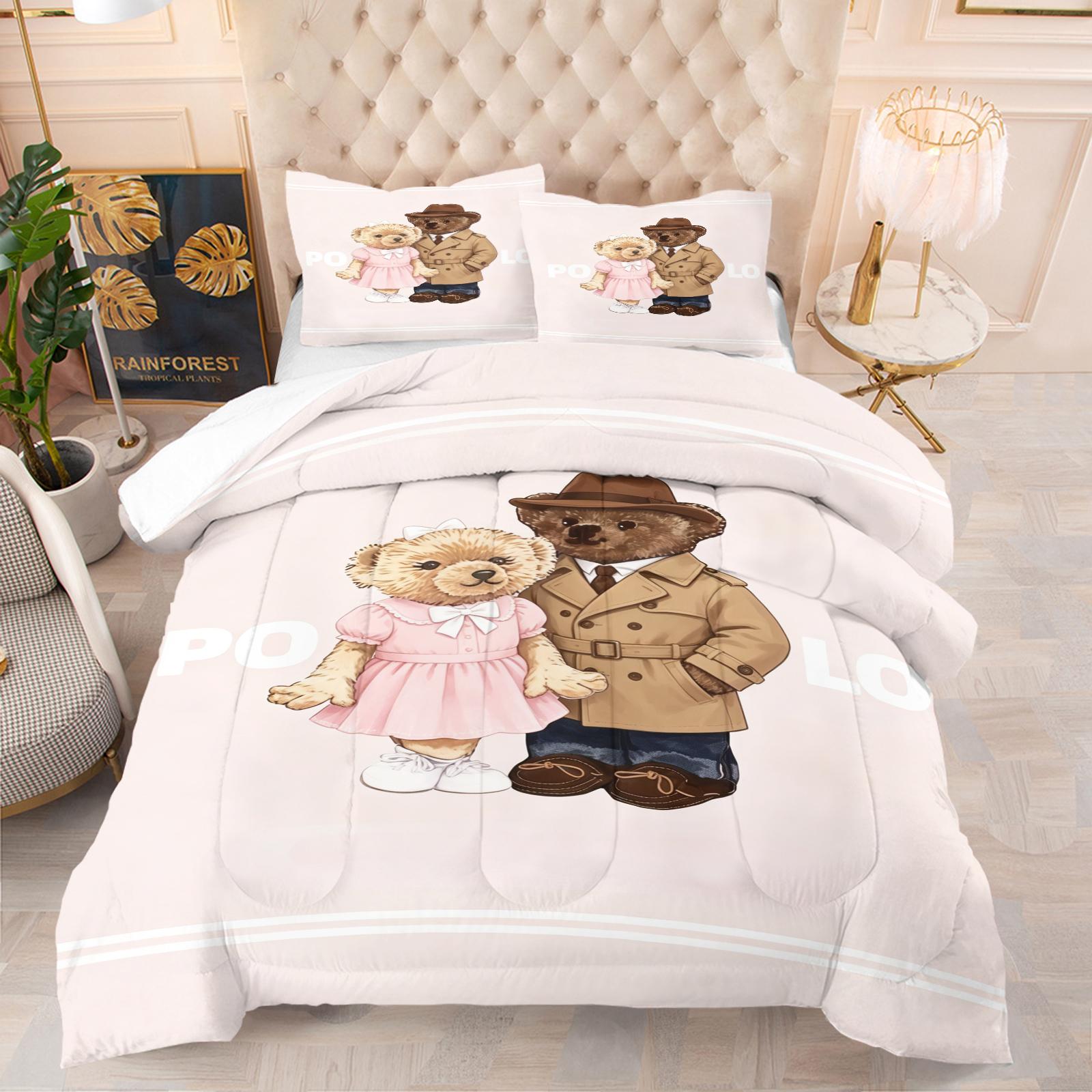 A set of small bear print bedding, including 1 quilt and 1 or 2 pillowcases without pillow inserts, soft bedroom decor gifts for children and adults