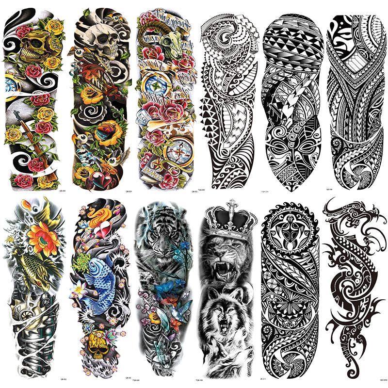 12 Temporary Full Arm Tattoos, Colorful Skull Lion Tiger Fish Tribal Dragon Stickers, Waterproof Realistic Body Art for Men & Women, Temporary Fake Tattoo