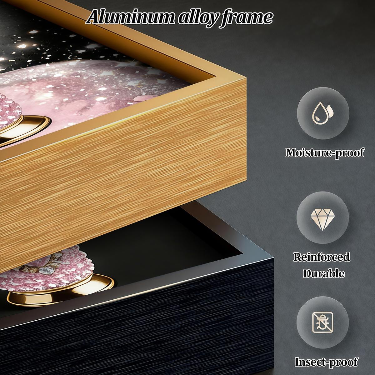 3 Counts Aluminum Alloy Framed Painting, Luxury Pink Diamond Feather Toilet Brush Set Pictures, Home Decoration For Living Room, Bedroom, Office, Restaurant, Hallway Wall Decor, Odorless Print Artwork, Luxury Perfect Gift For Friends And Family