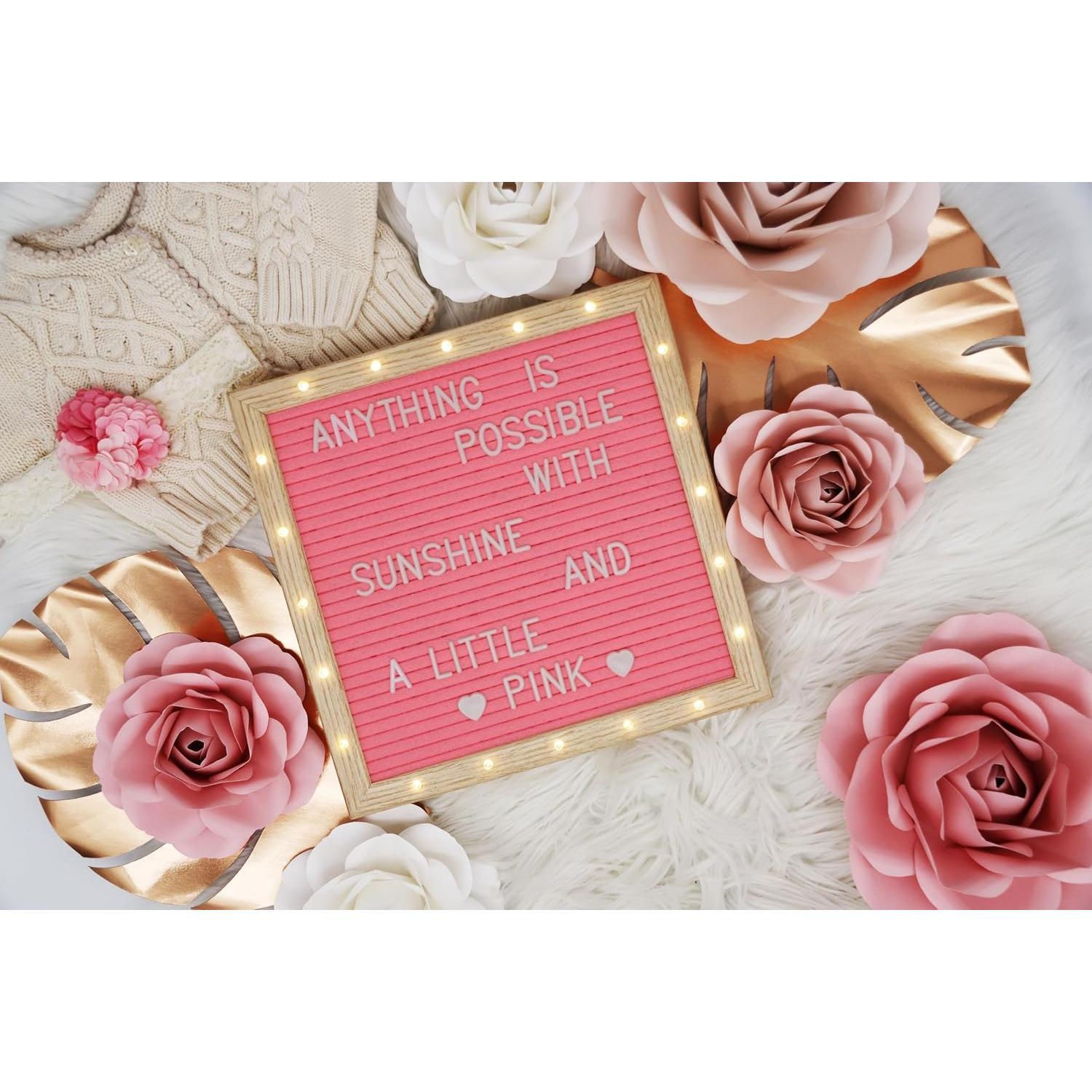 Letter Board THE   Felt Board with Stand, -in LED Lights 10 x 10 -Menu Board +  Frame, 340 Letters, Emojis + Cursive words - Custom Sign Messages,  Announcement, Weddings