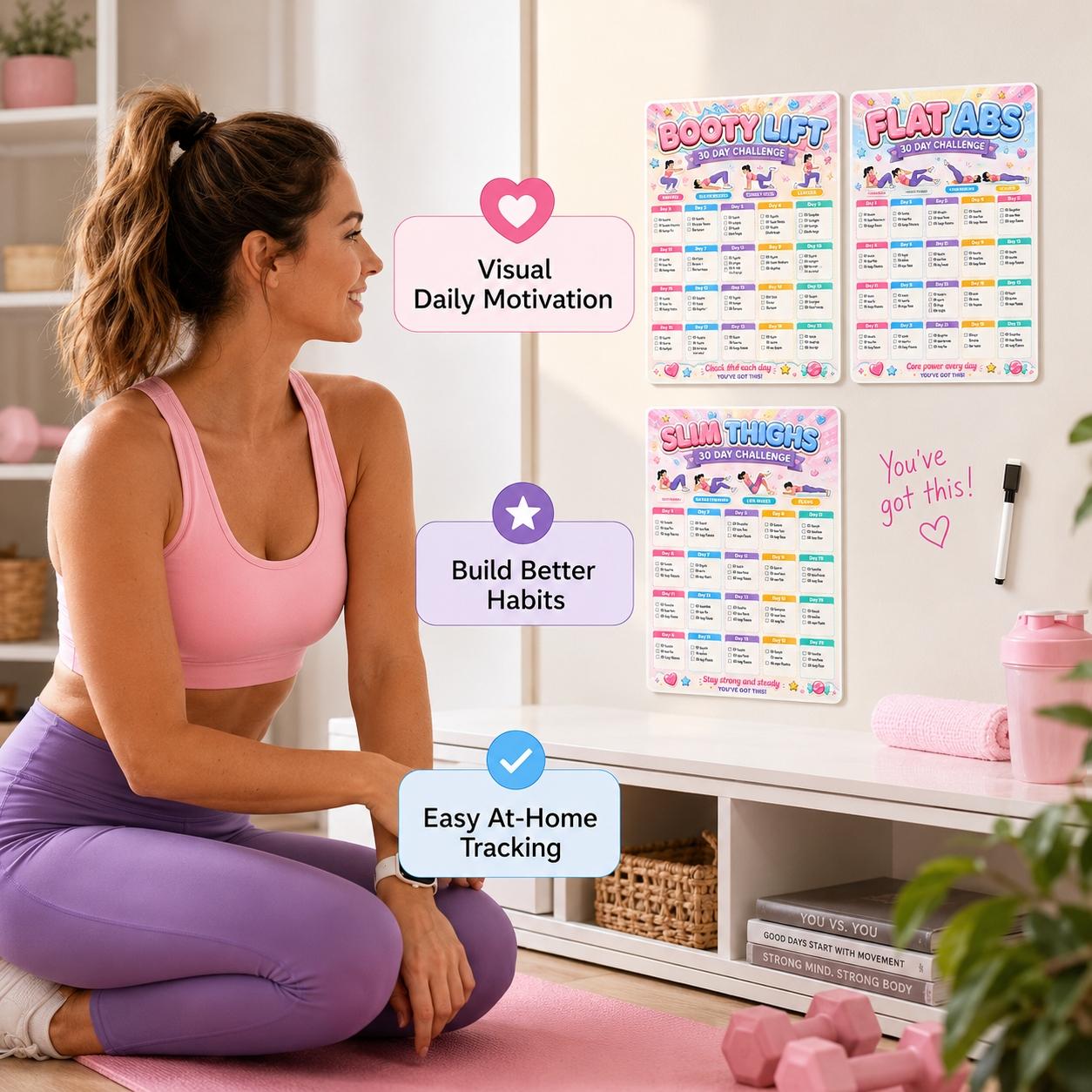 Auvirec 30-Day Reusable Fitness Tracker Set, 6 Pet Challenge Cards + Erasable Marker, Home Workout Log, Smooth Surface Compatible